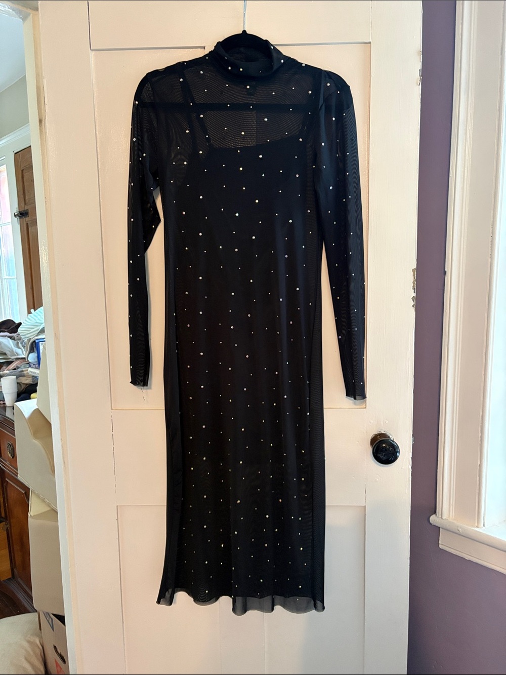 wild fable Black Long Sleeve Mesh Dress with Stud Accents